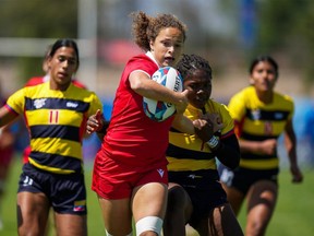Canada's Breanne Nicholas carries the ball against Colombia in a women's rugby sevens semifinal at the Pan American Games in Santiago, Chile, on Saturday, Nov. 4, 2023. (Thomas Skrlj/Canadian Olympic Committee)