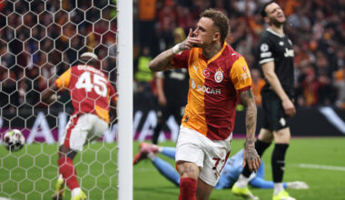 ISTANBUL, TURKEY - FEBRUARY 17: Noa Lang of Galatasaray A.S. celebrates scoring his team