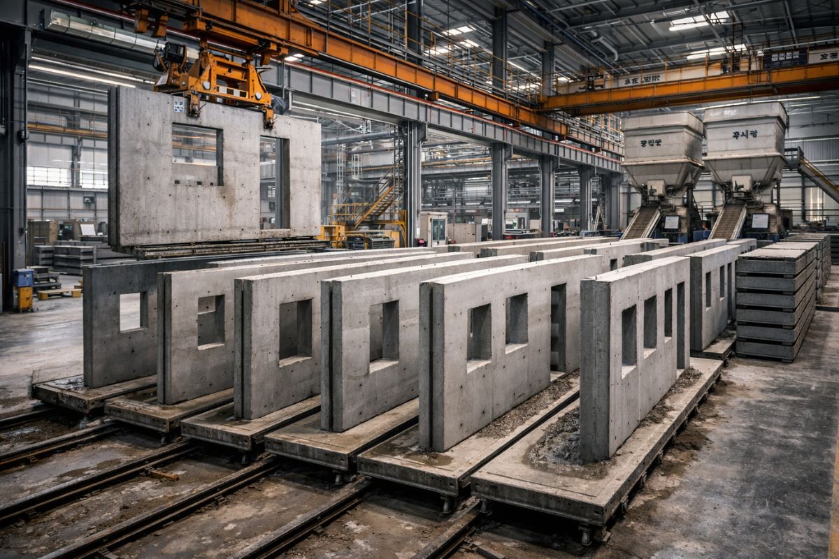 Bulk concrete production in a factory: how molding, oiling, curing, and separation determine the density, strength, and finish of giant blocks, and why the invisible detail after pouring defines the final result.