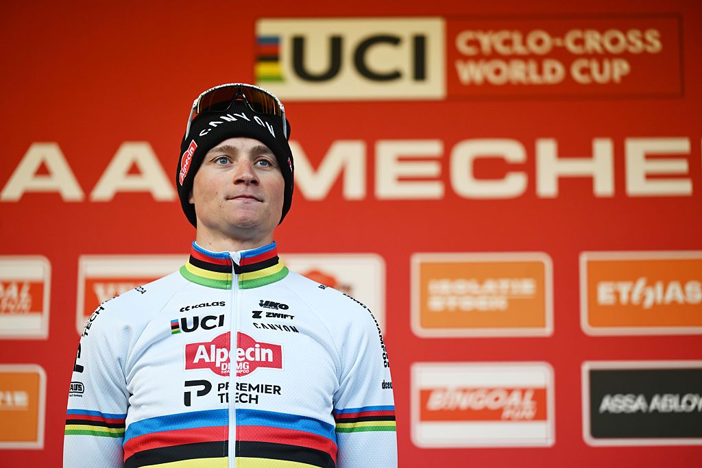 MAASMECHELEN, BELGIUM - JANUARY 24: Mathieu van der Poel of Netherlands and Team Alpecin-Premier Tech celebrates at podium as race winner during the 4th UCI Cyclo-cross World Cup Maasmechelen 2026 - Men&amp;apos;s Elite on January 24, 2026 in Maasmechelen, Belgium. (Photo by Luc Claessen/Getty Images)