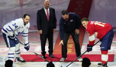 Matthew Tkachuk, Auston Matthews celebrate gold medal with ceremonial puck drop