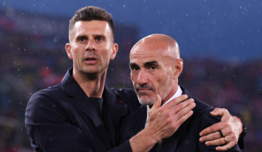 BOLOGNA, ITALY - MAY 20: Thiago Motta, Head Coach of Bologna FC (L) and Paolo Montero, Interim Coach of Juventus, interact prior to the Serie A TIM match between Bologna FC and Juventus at Stadio Renato Dall