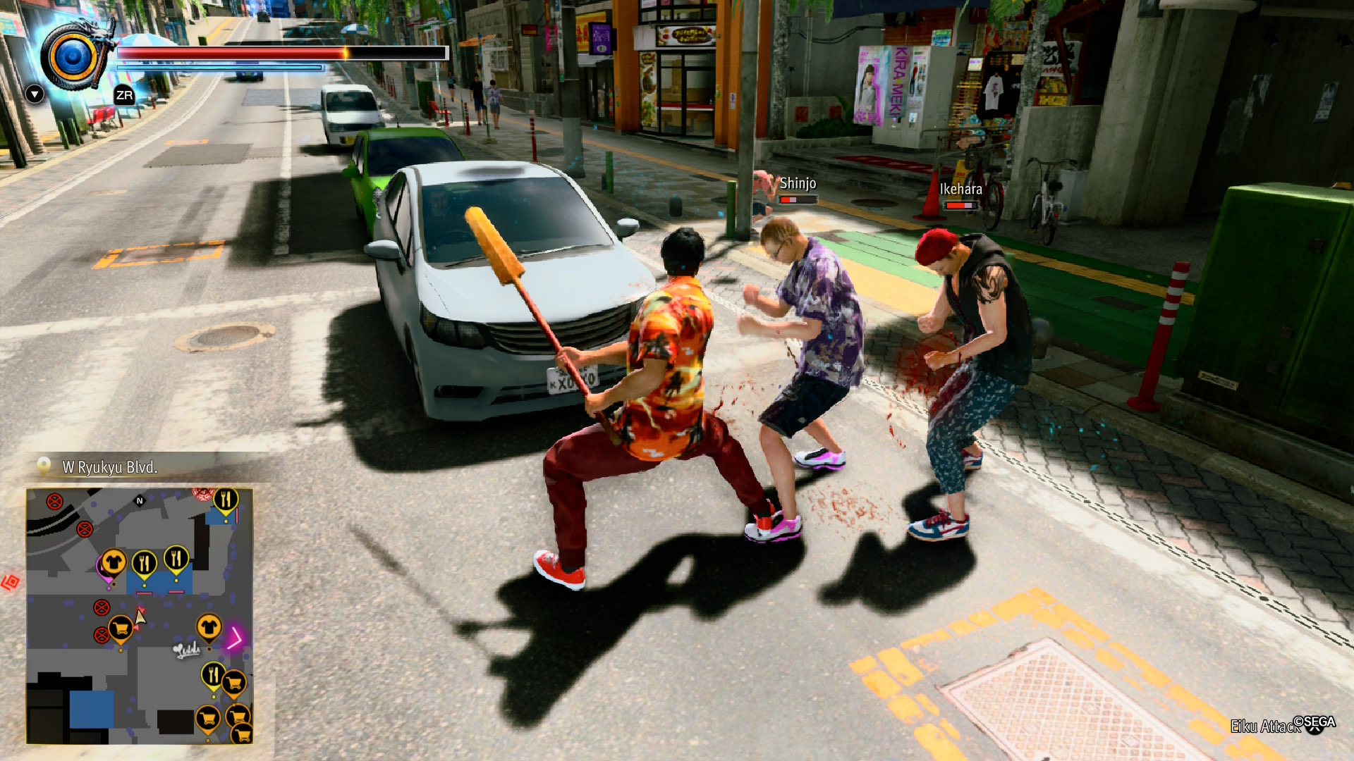 Yakuza Kiwami 3 review; screens from a video game, car racing and martial arts