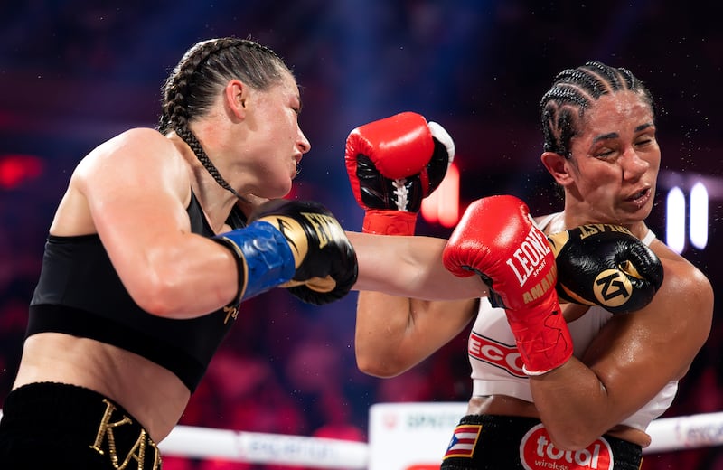 Katie Taylor connects with Amanda Serrano during her successful world title defence at Madison Square Garden last July. Photograph: Al Bello/Getty Images for Netflix