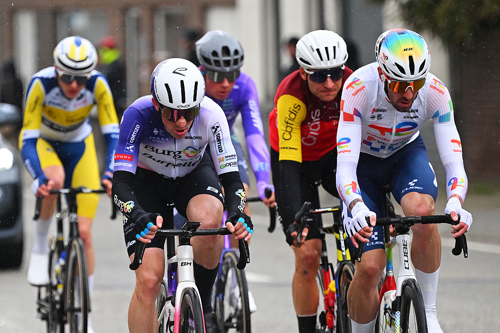 NIVONE, BELGIUM - FEBRUARY 28: (L-R) Clement Alleno of France and Team Burgos Burpellet BH and Alexys Brunel of France and Team TotalEnergies lead the attack during the 21st Omloop Het Nieuwsblad 2026, Men&amp;apos;s Elite a 207.2km one day race from Ghent to Ninove / #UCIWT / on February 28, 2026 in Ninove, Belgium. (Photo by Tim de Waele/Getty Images)