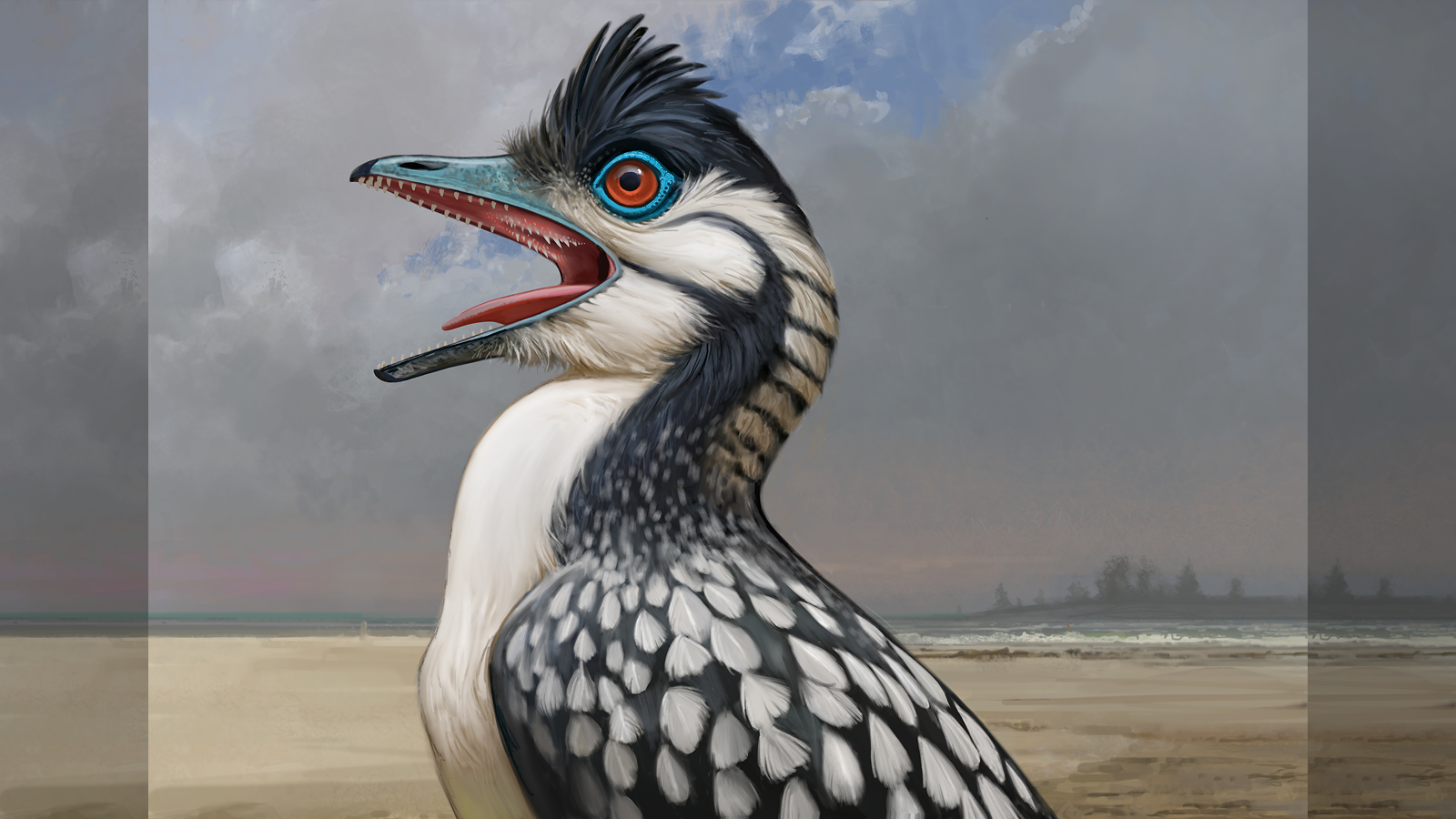 A life reconstruction of Archaeopteryx, including the oral papillae on the roof of its mouth, a bill-tip organ at the end of its beak, and a flexible-yet-sturdy tongue made possible by an extra tongue bone. Illustration by Ville Sinkkonen.