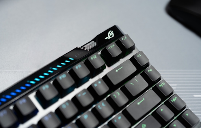 A closeup view of the ROG logo on the ROG Falchion Ace 75 HE, a gaming keyboard with an 8K polling rate