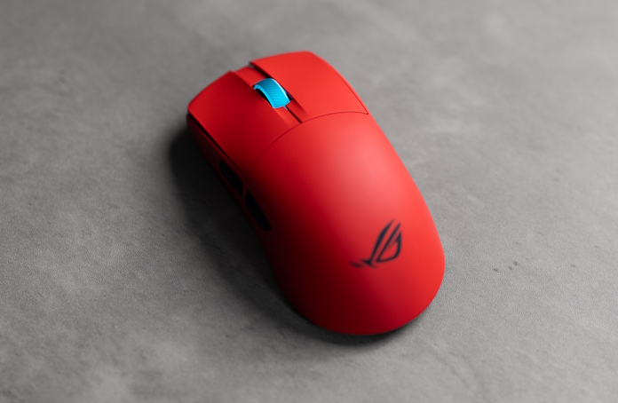 A closeup view of the ROG Harpe II Ace in Lava Red, a mouse with an 8K polling rate