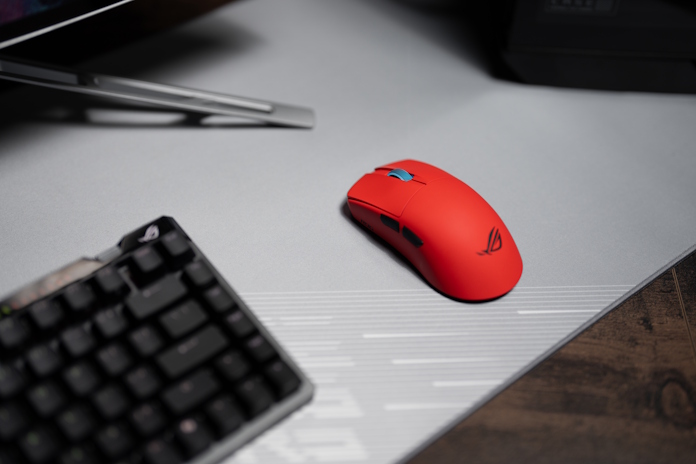 The ROG Falchion Ace 75 HE gaming keyboard and ROG Harpe II Ace gaming mouse on a desk together