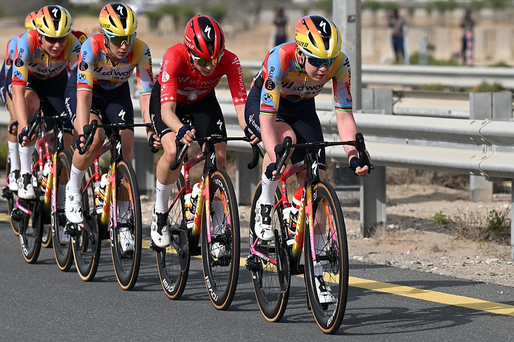 DUBAI, UNITED ARAB EMIRATES - FEBRUARY 06: (L-R) Steffi Haberlin of Switzerland and Anna Van der Breggen of Netherlands and Team SD Worx - Protime lead the peloton during the 4th UAE Tour Women 2026, Stage 2 a 145km stage from Dubai Police Academy to Hamdan Bin Mohamed Smart University on February 06, 2026 in Dubai, United Arab Emirates. (Photo by Tim de Waele/Getty Images)