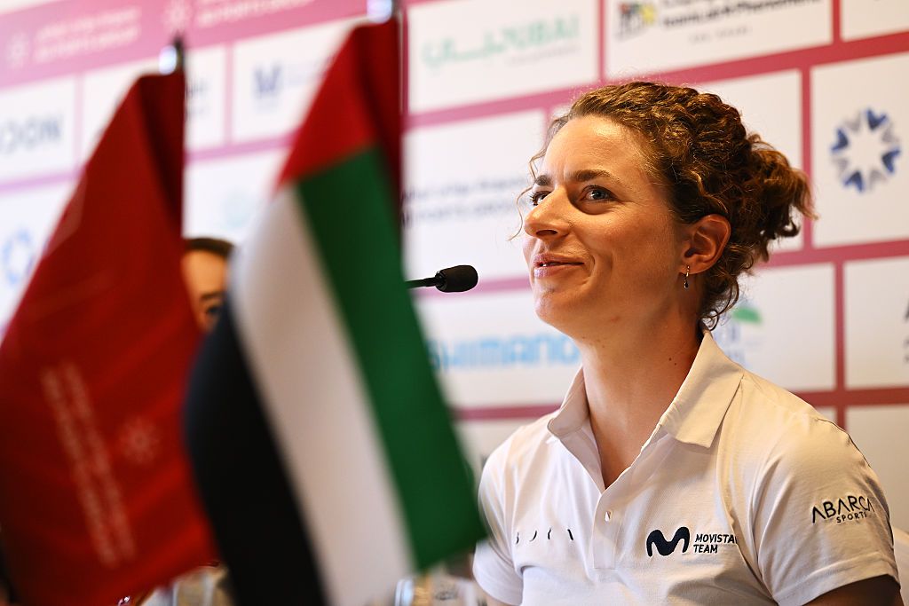 ABU DHABI, UNITED ARAB EMIRATES - FEBRUARY 04: Marlen Reusser of Switzerland and Movistar Team during the Top Riders Press Conference prior to the 4th UAE Tour Women 2026 / #UCIWWT / on February 04, 2026 in Abu Dhabi, United Arab Emirates. (Photo by Tim de Waele/Getty Images)
