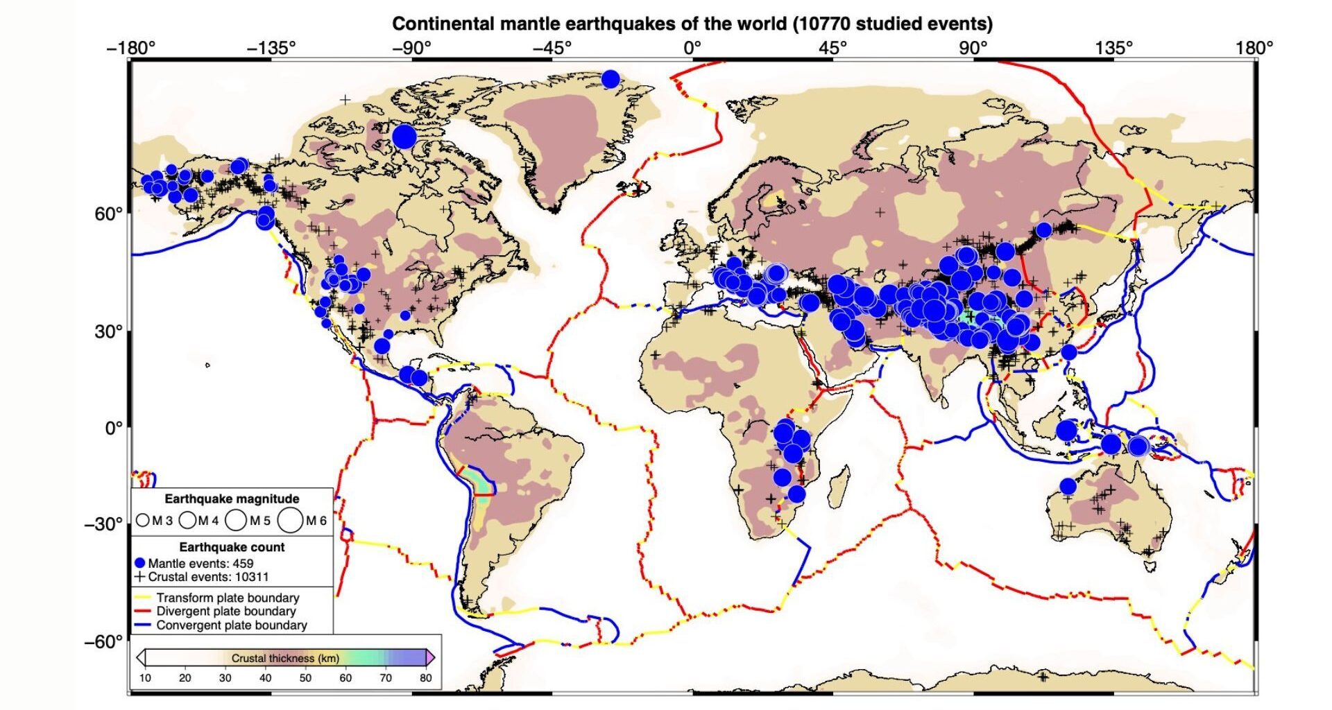 A map of the world with dark blue dots showing earthquake activity and traces in red of the various tectonic plates around planet Earth
