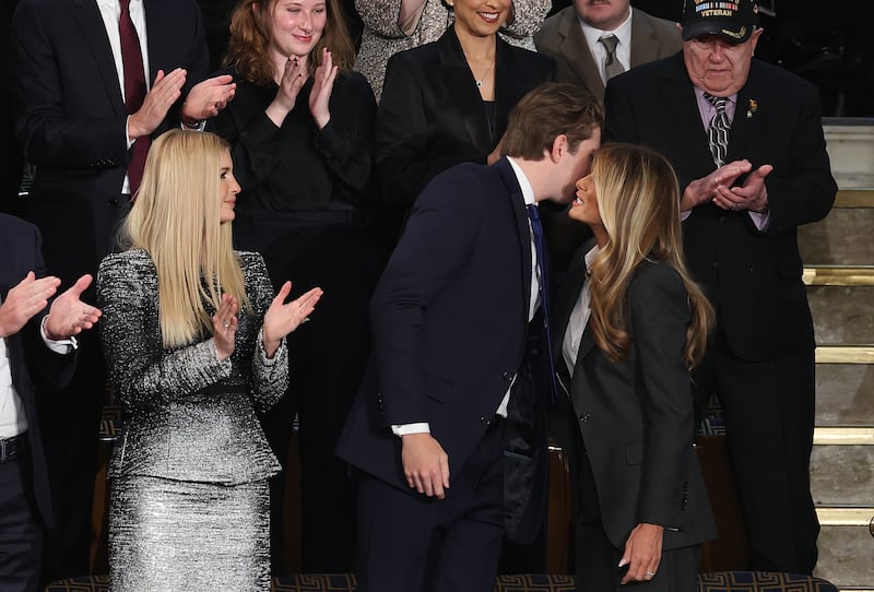 WASHINGTON, DC - FEBRUARY 24: Ivanka Trump (L), Barron Trump and First Lady Melania Trump attend the State of the Union address during a Joint Session of Congress at the U.S. Capitol on February 24, 2026, in Washington, DC. Trump delivered his address days after the Supreme Court struck down the administration's tariff strategy and amid a U.S. military buildup in the Persian Gulf threatening Iran. (Photo by Win McNamee/Getty Images)