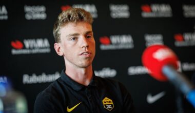 Britain's Matthew Brennan of Team Visma-Lease a Bike gives a press conference ahead of the Omloop Het Nieuwsblad, the opening race of the Flemish classic one-day races season, in Deerlijk, on February 26, 2026. (Photo by KURT DESPLENTER / Belga / AFP) / Belgium OUT