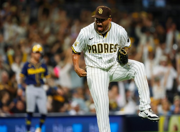 Bradgley Rodriguez #72 of the San Diego Padres celebrates in the eleventh inning against the Milwaukee Brewers at Petco Park on Sept. 22, 2025 in San Diego, CA. (K.C. Alfred / The San Diego Union-Tribune)