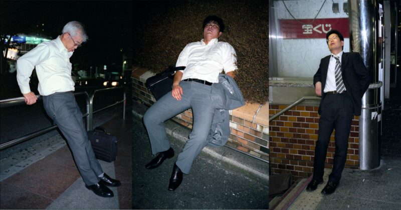 Three men in business attire appear to be exhausted or asleep in public places at night, each reclining or leaning against different city structures outdoors.
