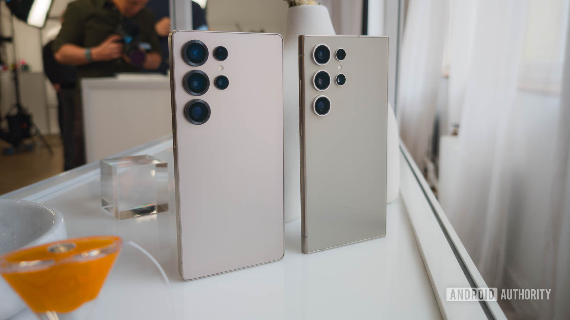 Samsung Galaxy S25 Ultra next to Samsung Galaxy S24 Ultra Free Standing Angled Samsung Galaxy S25 Ultra next to Samsung Galaxy S24 Ultra Free Standing Angled