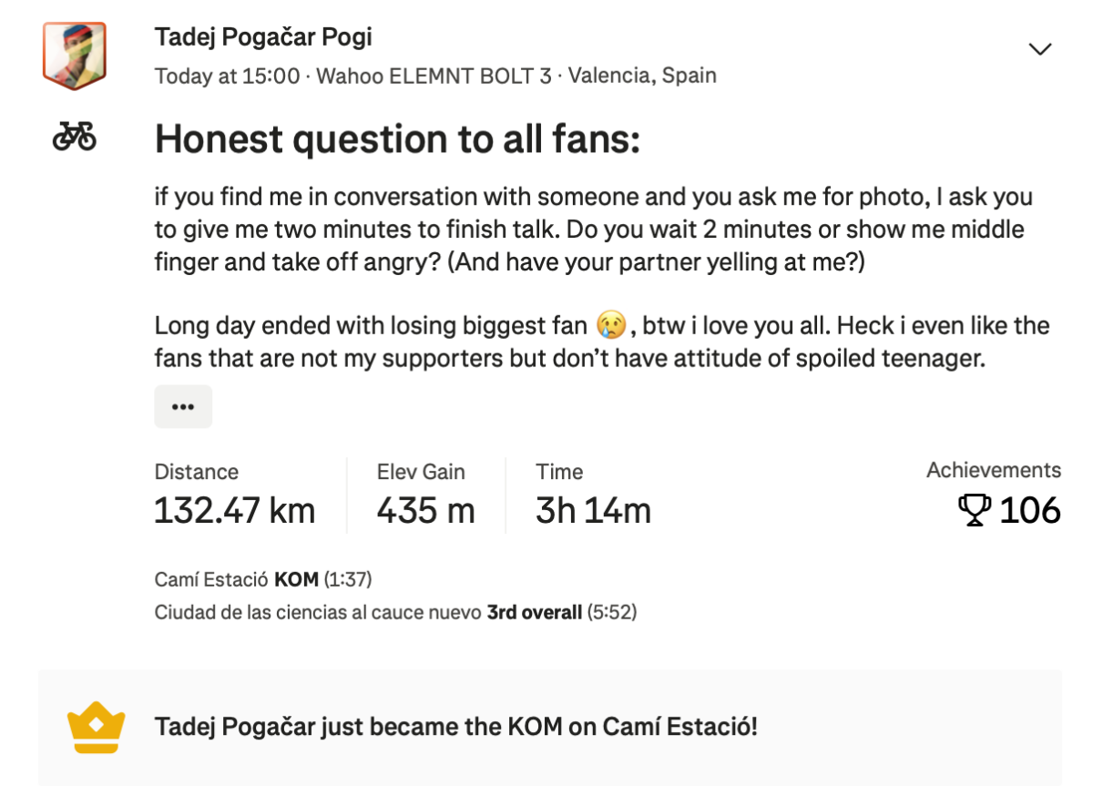 Pogačar hit out in the blurb accompanying his Strava post