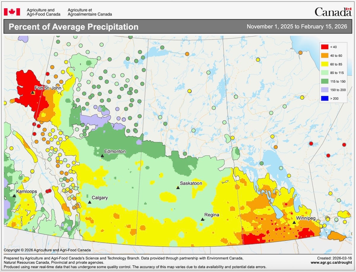 This map shows the total amount of precipitation that has fallen across the Prairies so far this winter (Nov. 1 to Feb. 15) compared to average. Manitoba and far northwestern Alberta have been the driest, with north-central Alberta and Saskatchewan seeing near to above average amounts.