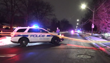 Photo shows police at the scene of a drive-by shooting in Mississauga on Sat. Feb. 28, 2026.