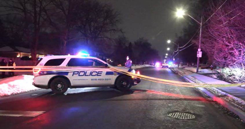 Photo shows police at the scene of a drive-by shooting in Mississauga on Sat. Feb. 28, 2026.