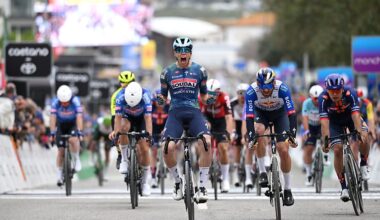 TAVIRA, PORTUGAL - FEBRUARY 18: (L-R) Paul Magnier of France and Team Soudal Quick-Step celebrates at finish line as stage winner ahead of Jordi Meeus of Belgium and Team Red Bull - BORA - hansgrohe and Pavel Bittner of Czech Republic and Team Picnic PostNL during the 52nd Volta ao Algarve em Bicicleta 2026 - Stage 1 a 183.5km stage from Vila Real de Santo Antonio to Tavira on February 18, 2026 in Tavira, Portugal. (Photo by Dario Belingheri/Getty Images)