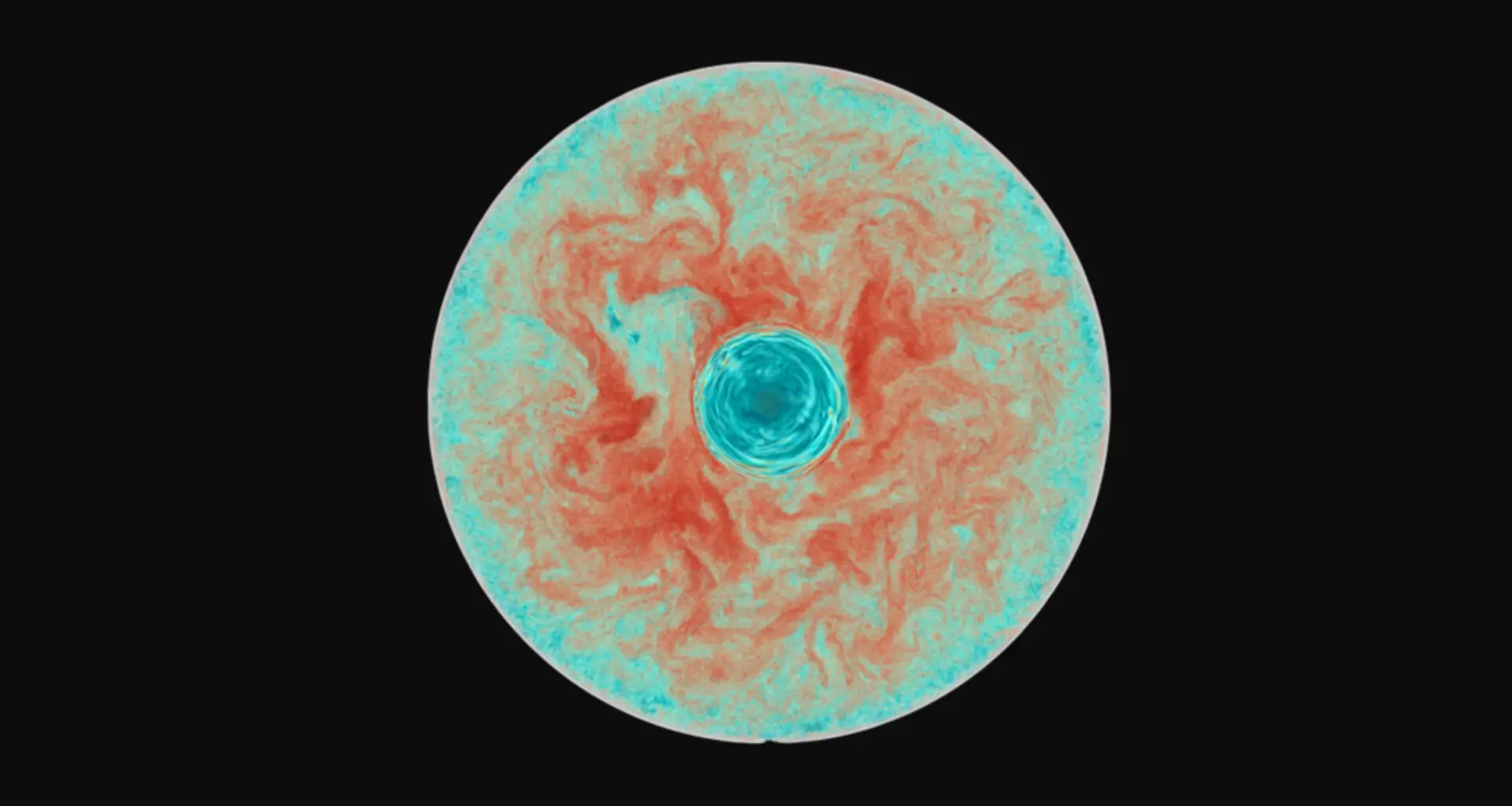 The simulated interior of a star. A blueish green circle with red swirls, with a small darker blue circle in the middle.