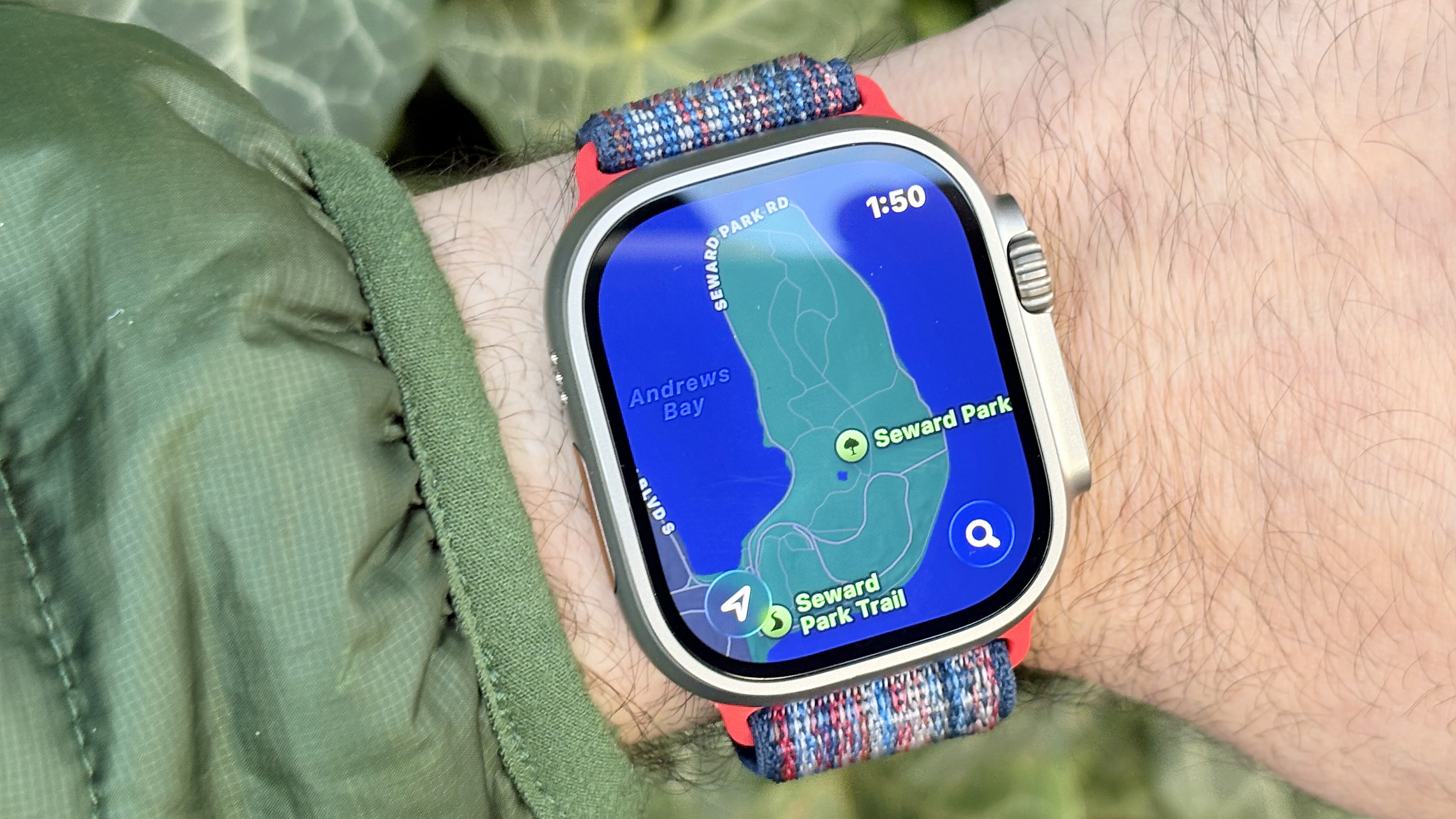 Close-up of the Apple Watch Ultra 3 showing the Maps app
