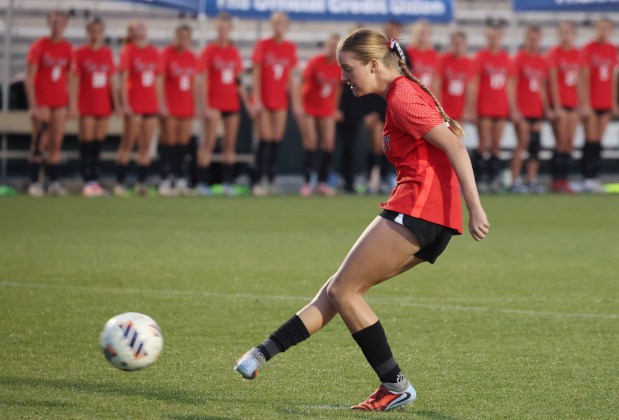 Lake Mary High player Kailey Susi kicks the winning goal to win the FHSAA Class 7A state championship game against Cypress Bay High at Spec Martin Stadium in DeLand on Wednesday, February 25, 2026. Lake Mary won the match 4-3 on penalty kicks to claim the state championship. (Stephen M. Dowell/Orlando Sentinel)