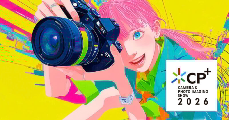 Colorful illustration of a pink-haired person holding a camera and smiling, with vibrant yellow, blue, and pink background. The image includes the logo and text: "CP+ Camera & Photo Imaging Show 2026.