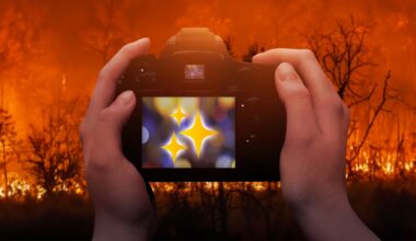 A person holds a camera, aiming at a forest fire. The background shows burning trees and orange flames, but the camera screen displays a blurred image of bright, glowing star shapes instead of the fire.
