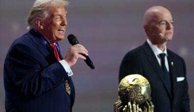 Donald Trump speaks as he receives the FIFA Peace Prize from FIFA president Gianni Infantino in Washington, Dec. 5, 2025. (Dan Mullan/Getty Images)