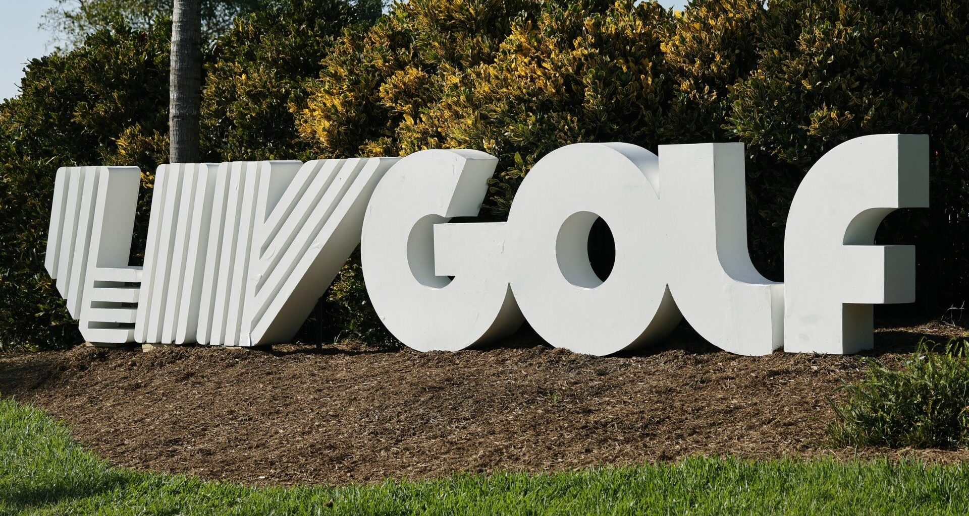 Apr 6, 2024; Miami, Florida, USA; The LIV Golf logo is on display along the 10th hole during the second round of LIV Golf Miami golf tournament at Trump National Doral. Mandatory Credit: Reinhold Matay-USA TODAY Sports