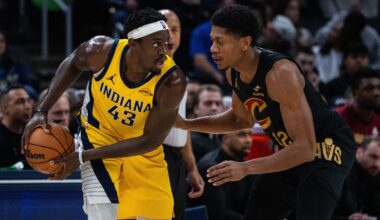 Jan 6, 2026; Indianapolis, Indiana, USA; Indiana Pacers forward Pascal Siakam (43) holds the ball while Cleveland Cavaliers forward/guard De'andre Hunter (12) defends in the first half at Gainbridge Fieldhouse.