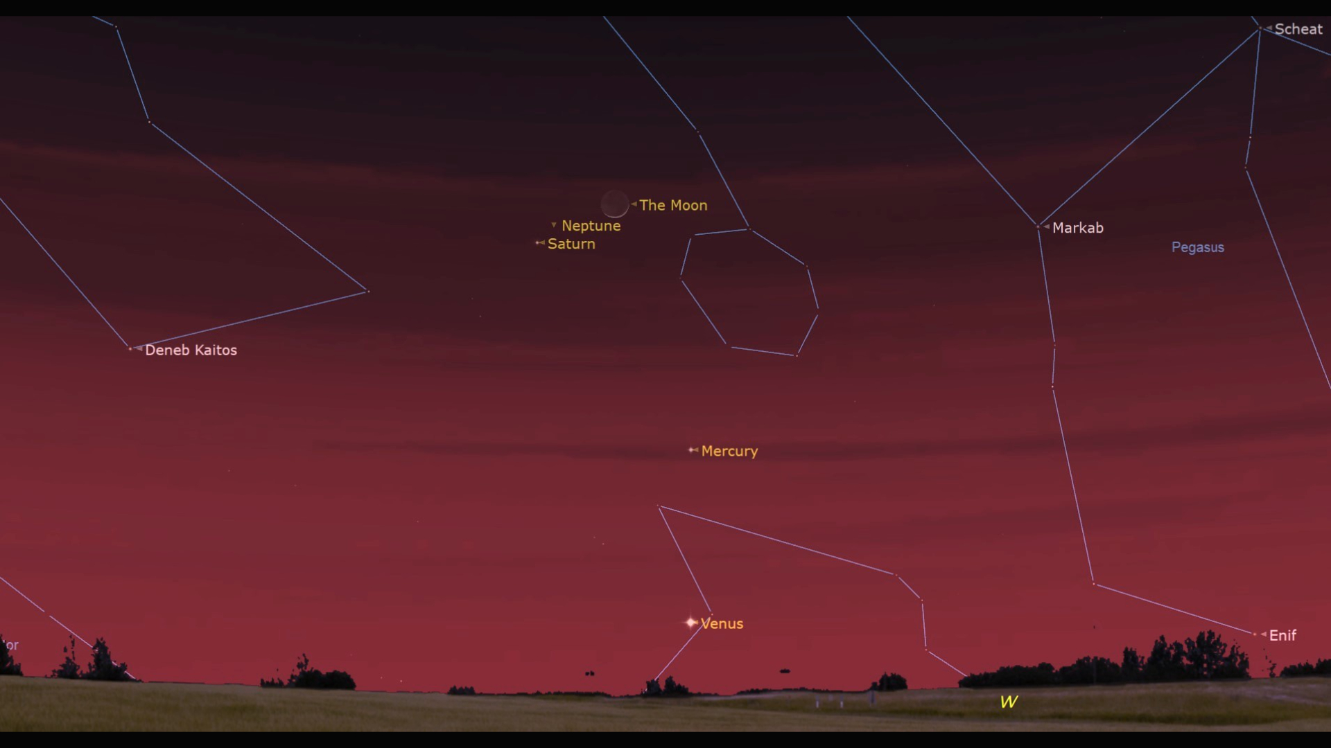 A reddish night sky with lines of constellations, like Pegasus, imposed on the background overlooking a field. Labeled dots for the moon, Neptune, Saturn and Mercury are around the center of the image