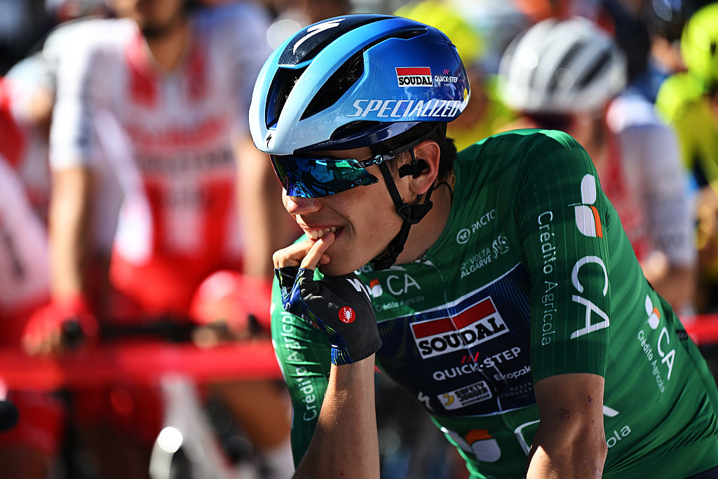 FARO, PORTUGAL - FEBRUARY 22: Paul Magnier of France and Team Soudal Quick-Step - Green Points Jersey prior to the 52nd Volta ao Algarve em Bicicleta 2026, Stage 5 a 148.4km stage from Faro to Malhao - Loule 512m on February 22, 2026 in Faro, Portugal. (Photo by Dario Belingheri/Getty Images)