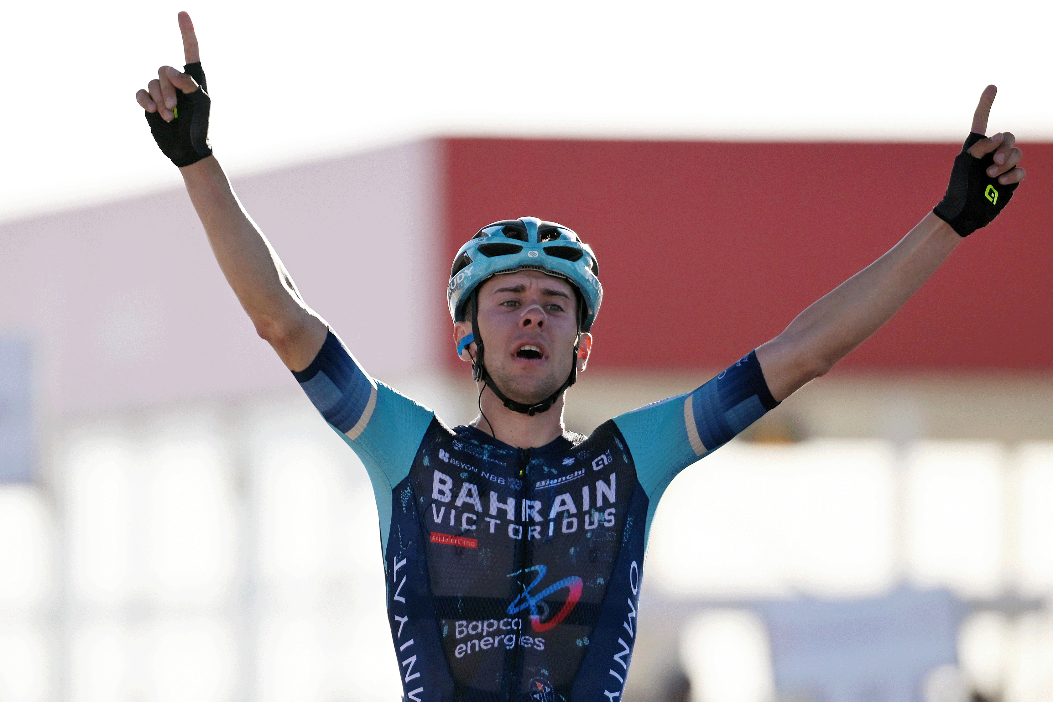 JEBEL MOBRAH, UNITED ARAB EMIRATES - FEBRUARY 18: Antonio Tiberi of Italy and Team Bahrain - Victorious celebrates at finish line as stage winner during the 8th UAE Tour 2026, Stage 3 a 183km stage from Umm al Quwain to Jebel Mobrah 1229m / #UCIWT / on February 18, 2026 in Jebel Mobrah, United Arab Emirates. (Photo by Tim de Waele/Getty Images)