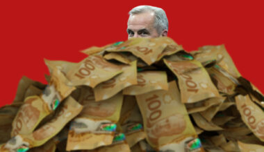 Image of a pile of $100 bills with the top of Prime Minister Mark Carney's head peeking out from behind.