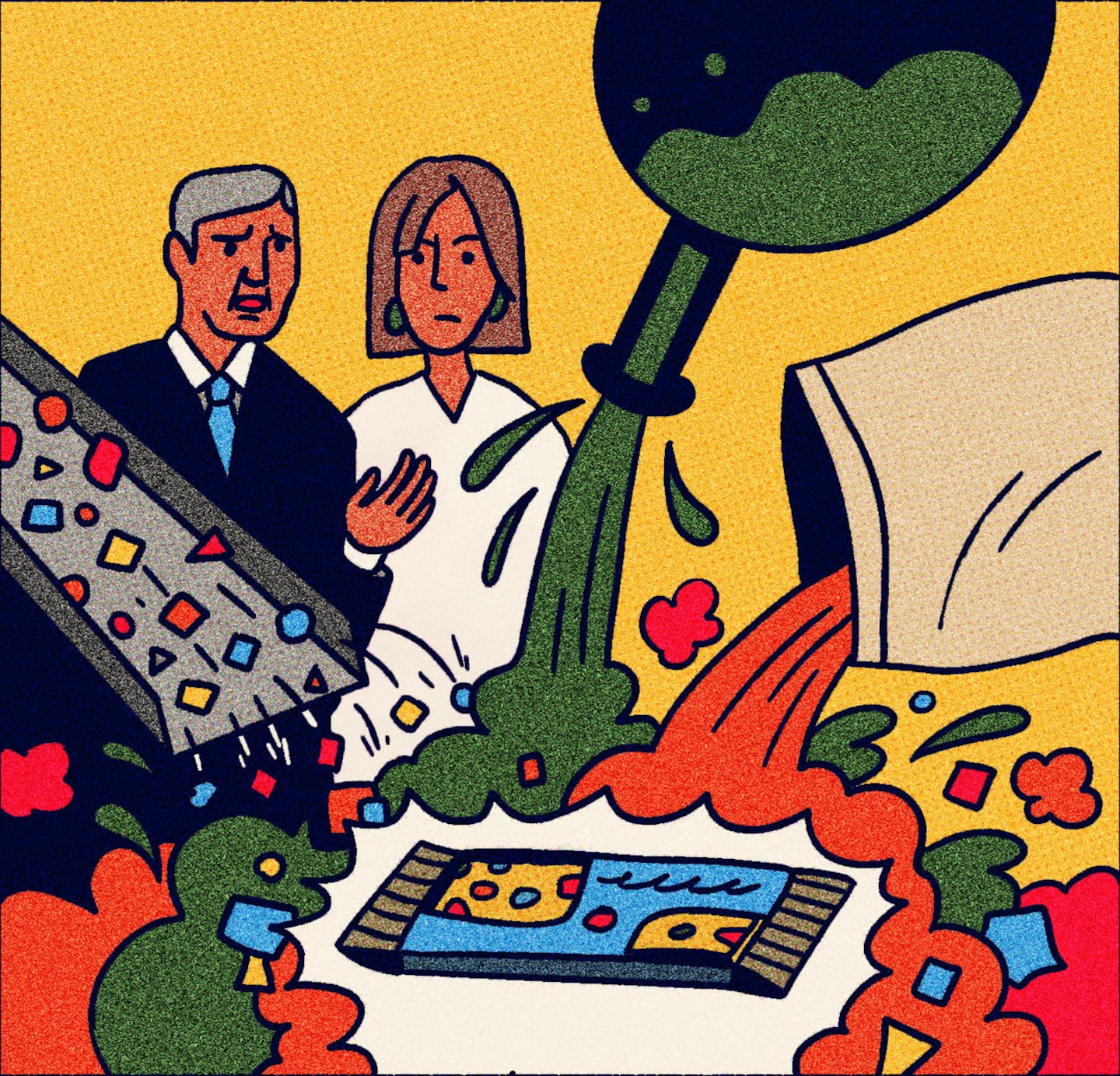 Two consumers look on as ingredients are spilled out of bottles, and bags, and conveyor belts.