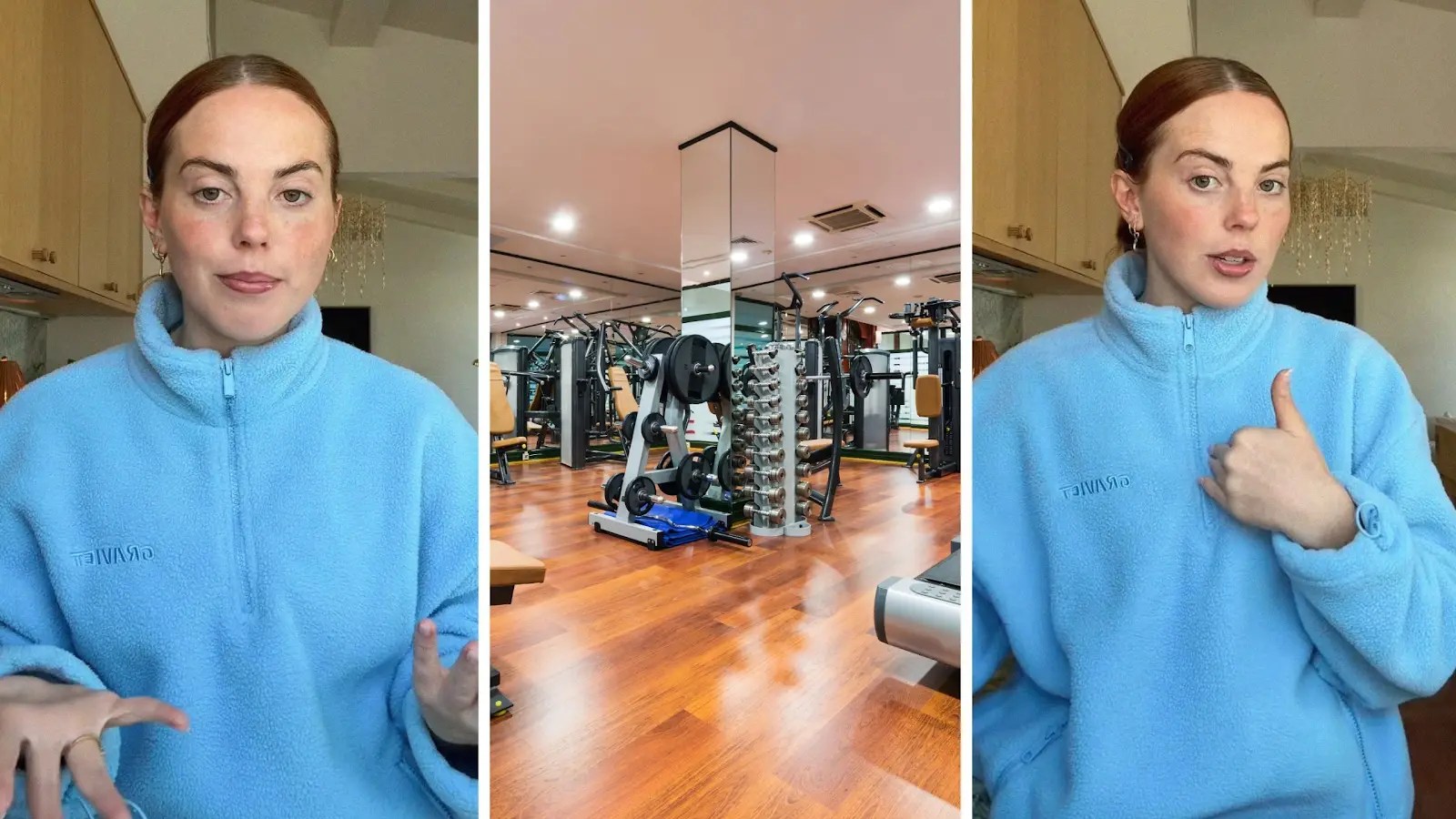 woman shares gym membership experience (l) fancy gym (c) woman shares emotions (r)