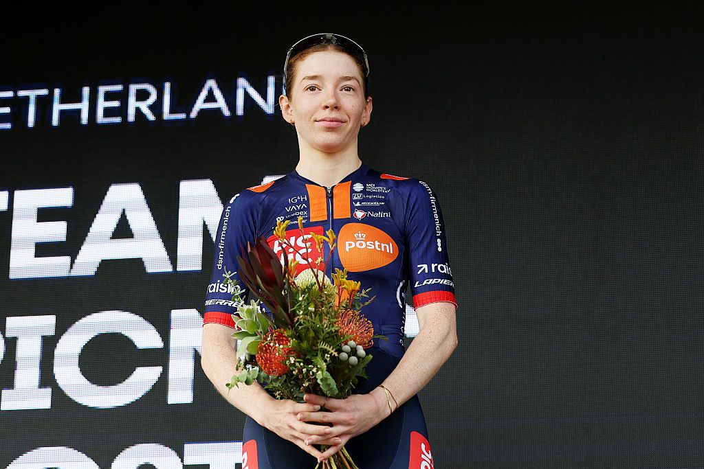GEELONG, AUSTRALIA - JANUARY 31: Josie Nelson of United Kingdom and Team Picnic PostNL celebrates at podium as second place winner during the 10th Mapei Cadel Evans Great Ocean Road Race 2026, Women&amp;apos;s Elite a 141.2km one day race from Geelong to Geelong / #UCIWWT / on January 31, 2026 in Geelong, Australia. (Photo by Con Chronis/Getty Images)