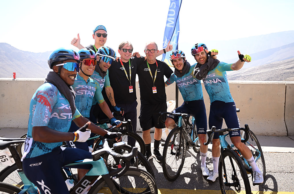 XDS-Astana celebrate Scaroni's win and Rodriguez' second place on the summit of Jabal al Akhdhar