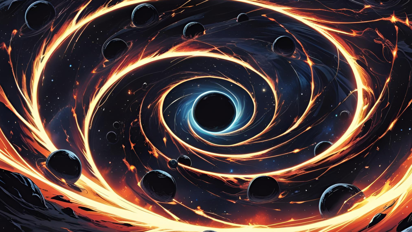 An illustration of many black holes spiralinging into a larger central black hole