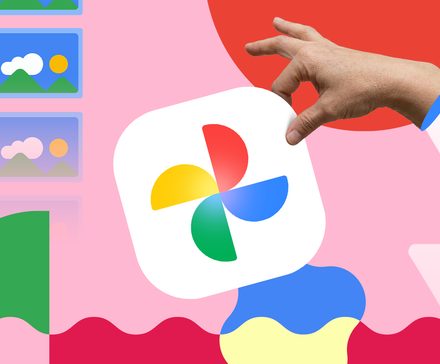 A hand holding the Google Photos logo in front of a colorful background filled with image thumbnails and geometric shapes.