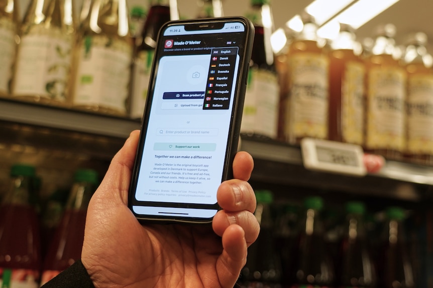 A close-up of phone app Made O'Meter, which helps shoppers identify where goods are made.