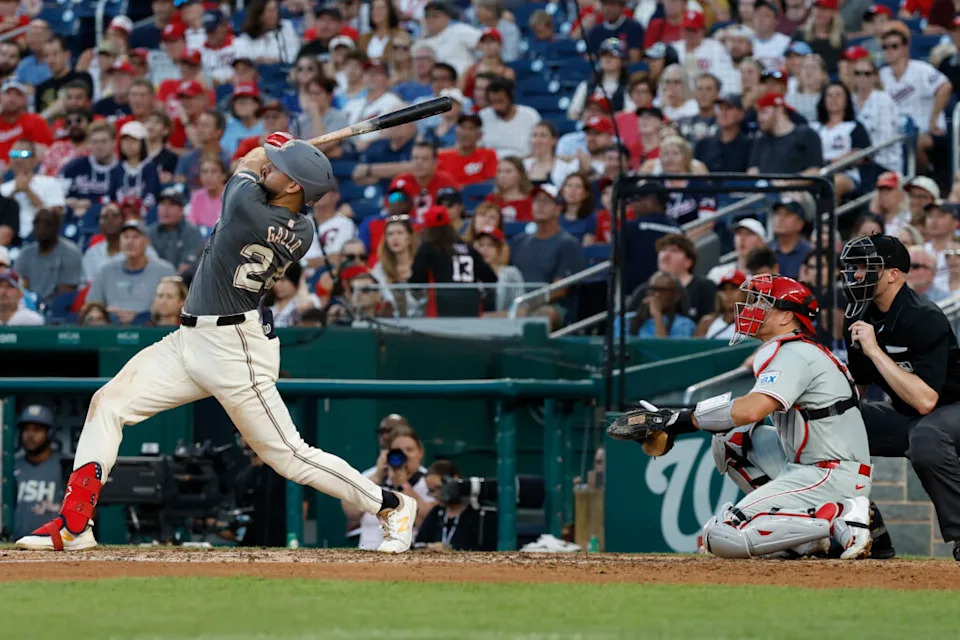 Sep 28, 2024; Washington, District of Columbia, USA; Washington Nationals first base Joey Gallo (24) hits a three run home run against the Philadelphia Phillies during the eighth inning at Nationals Park. Mandatory Credit: Geoff Burke-Imagn Images