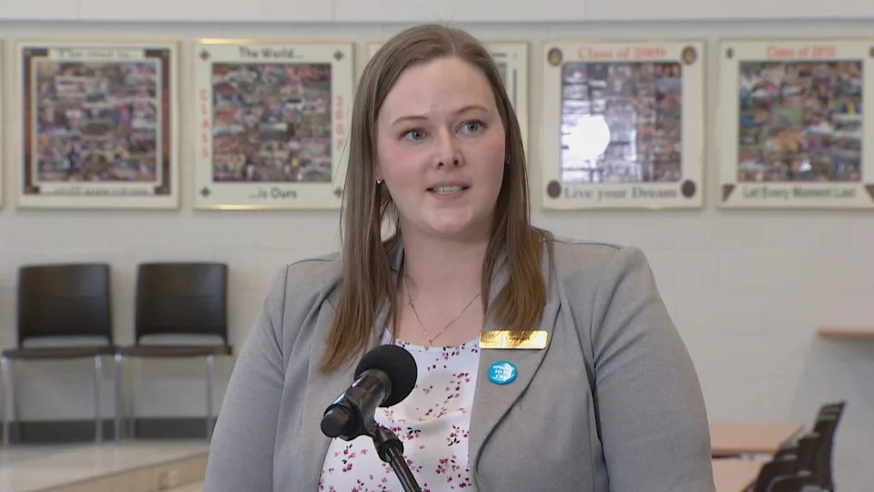 Laura Hack, board chair of the Calgary Board of Education, speaks to reporters at a Feb. 27 media briefing to announce funding for new school projects in Calgary.