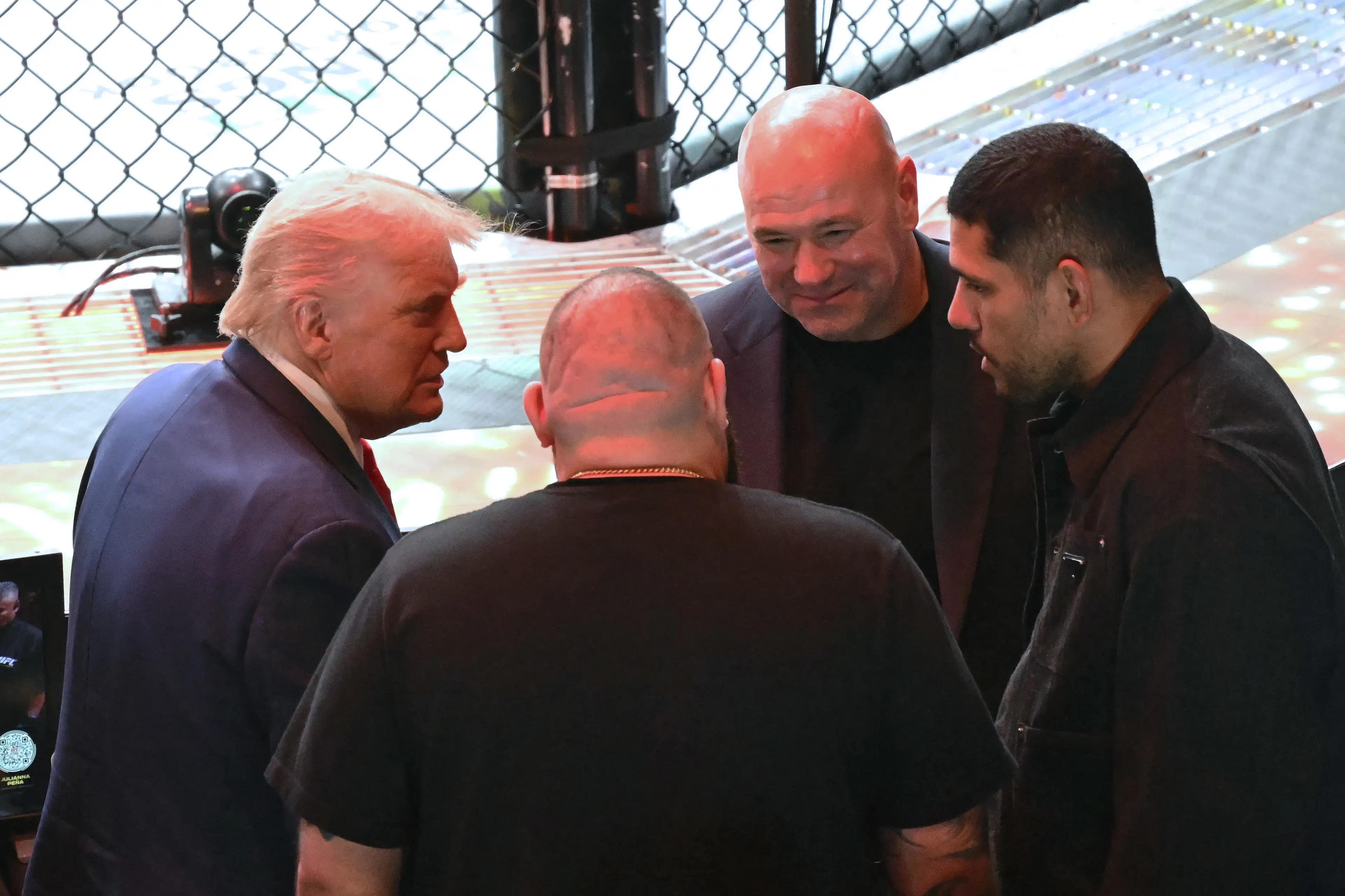 Alex Pereira in conversation with Donald Trump and Dana White at UFC 316. Image: Getty 