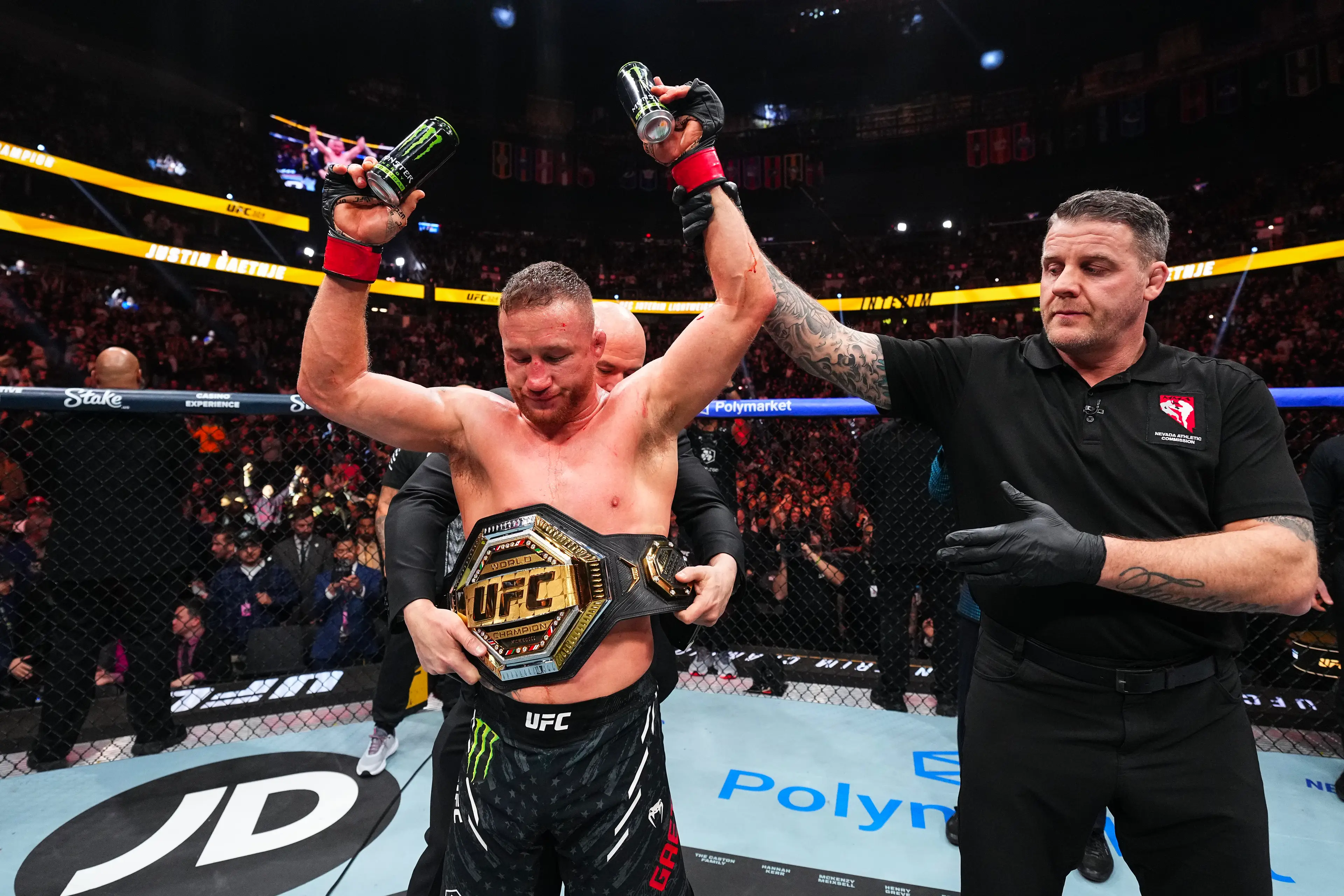 Justin Gaethje won the interim UFC lightweight title following his victory over Paddy Pimblett at UFC 324. Image: Getty 