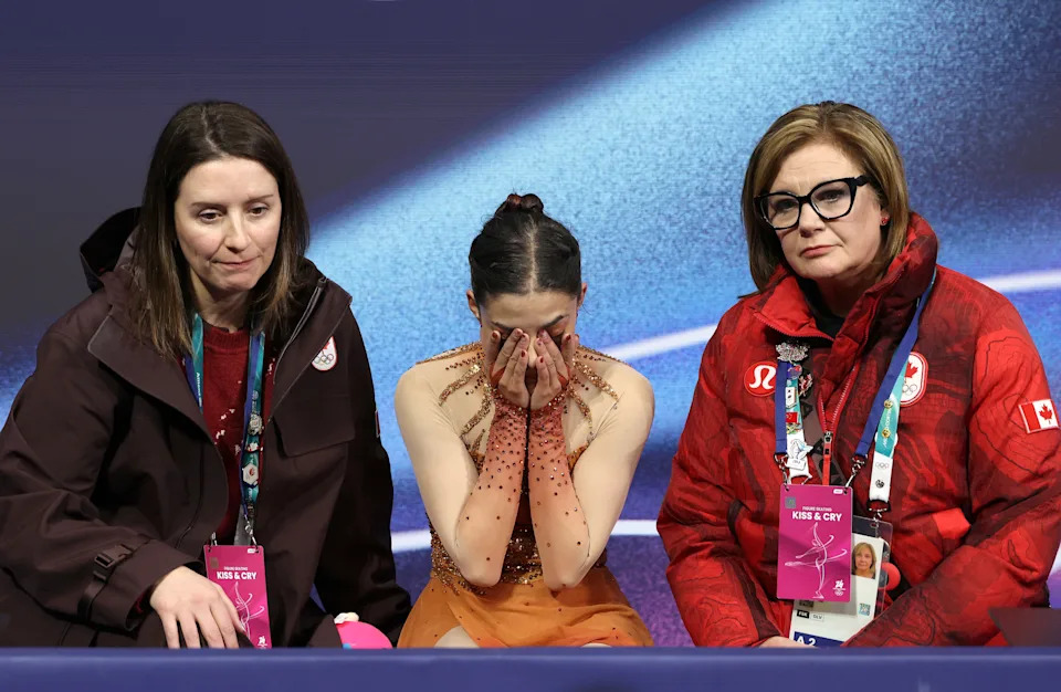 MILAN, ITALY - FEBRUARY 17: Madeline Schizas of Team Canada looks dejected in the Kiss and Cry zone after competing during the Women's Single Skating - Short Program on day eleven of the Milano Cortina 2026 Winter Olympic games at Milano Ice Skating Arena on February 17, 2026 in Milan, Italy. (Photo by Joosep Martinson/Getty Images)